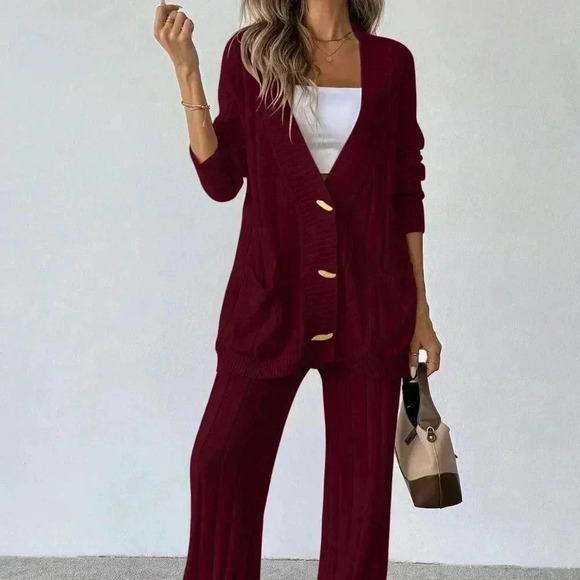 Red Casual Women's Loose Front Button Cardigan And Pants Knitwear Set - Picture 1 of 6